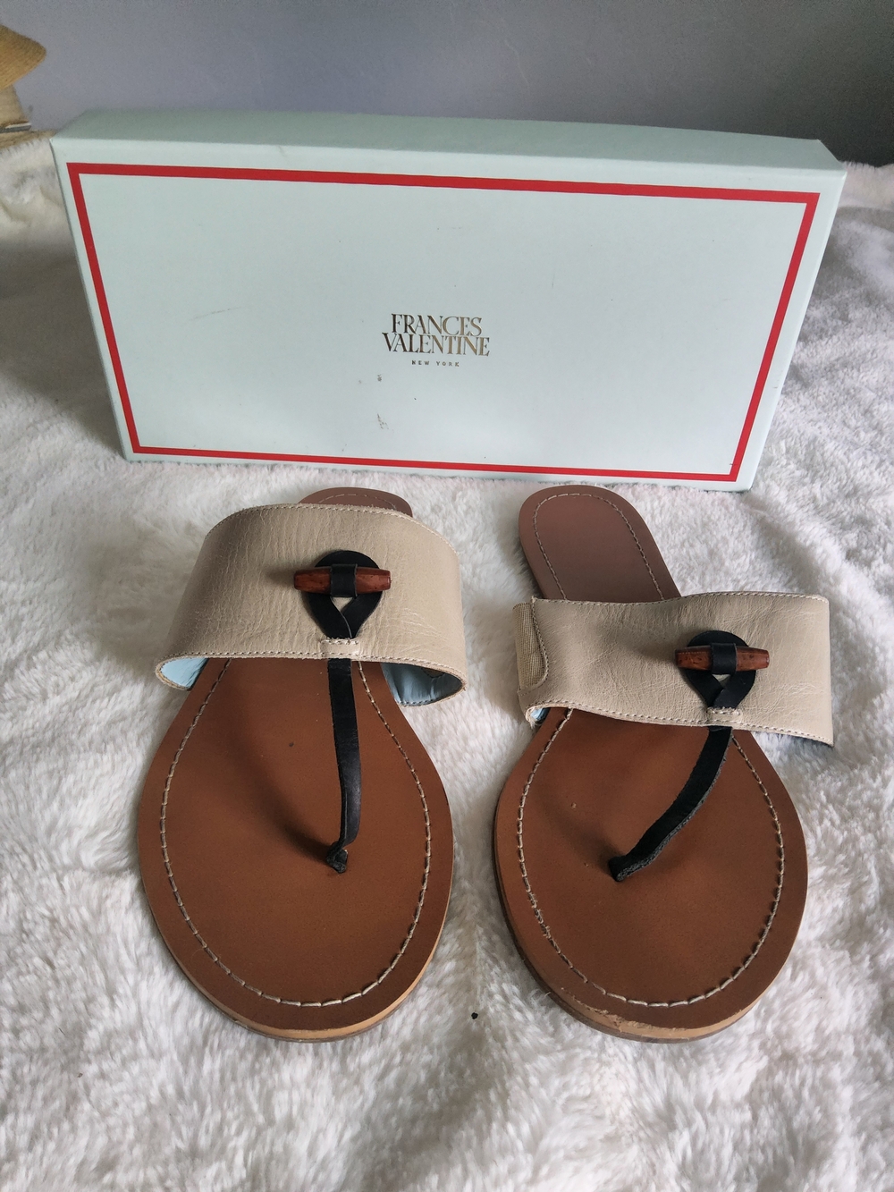 Frances Valentine Beige and Brown Leather Slide Sandals